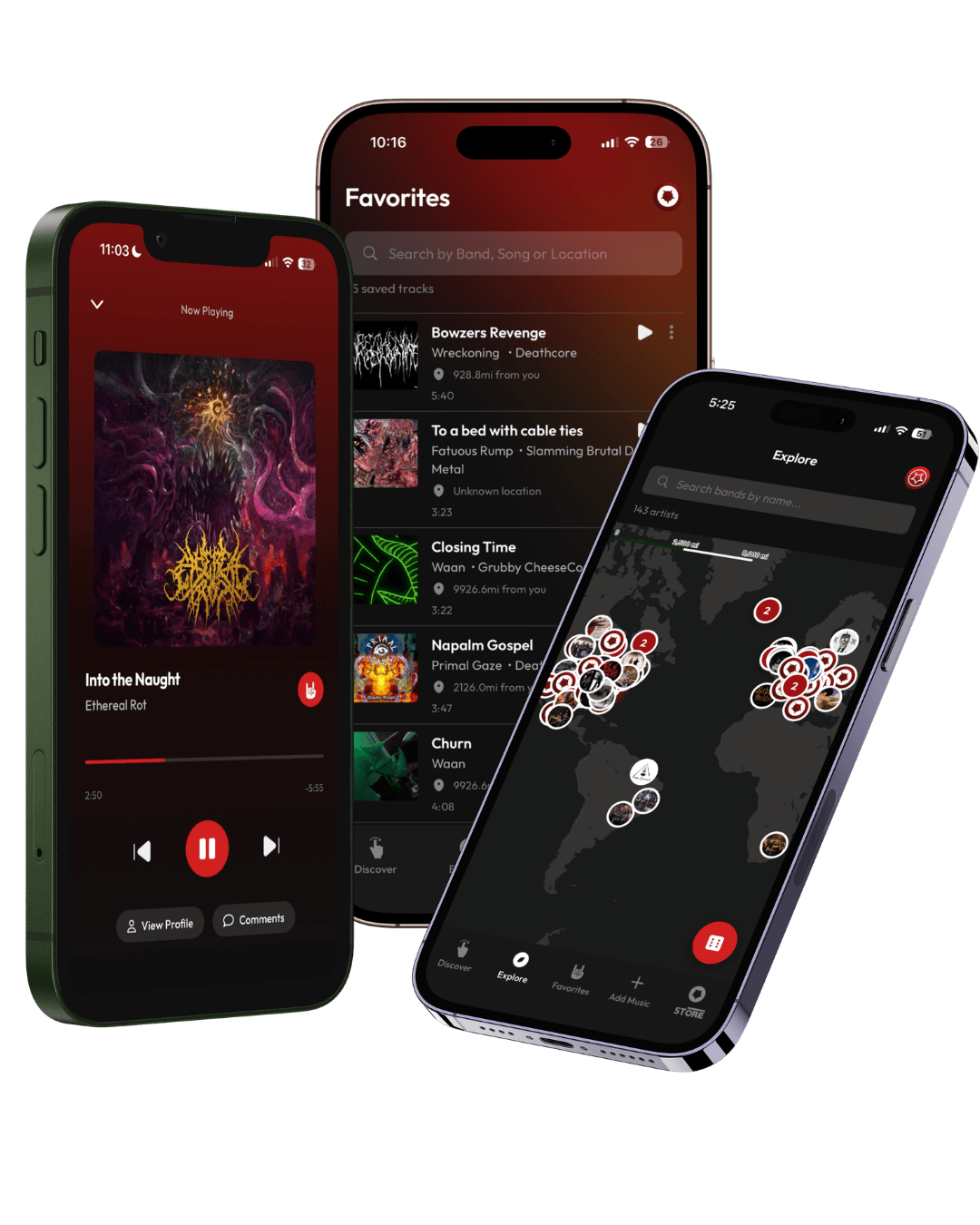 Triple iphones showing ORE.FM app screens